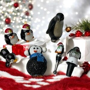 Penguin X-Mas Lot 7: Salt Pepper/ Light Up Ornament/Wooden Guy/2 Bottle Stoppers